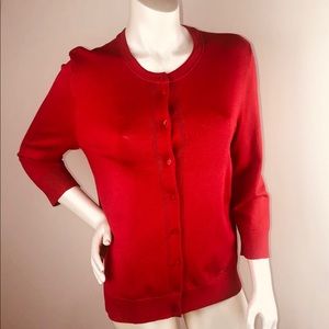 Ellen Tracy Red Cardigan Fine Knit Sweater Sz L